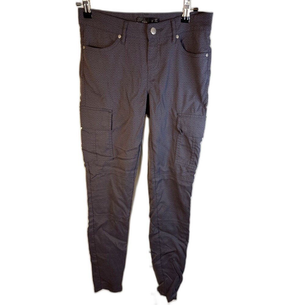 PrAna Pant Women's sz 2 Gray Navy Pattern Straight Fit Stretch Hiking Gorpcore